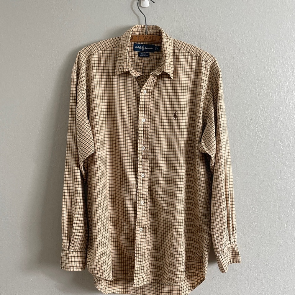Ralph Lauren Men's Tan Plaid Button Down Shirt Check Pattern Men’s Size S
